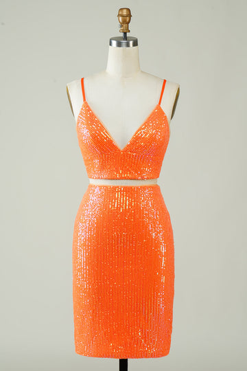 Vestido ajustado de lentejuelas naranjas de dos piezas